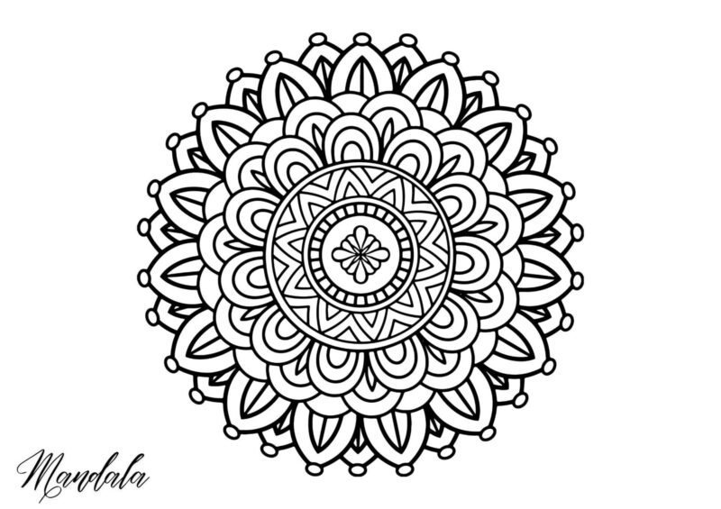 Mandala til farvelægning med et detaljeret blomstermønster omkring midten