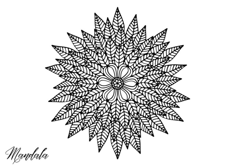 Mandala til farvelægning med spidse blade og gentagne geometriske figurer