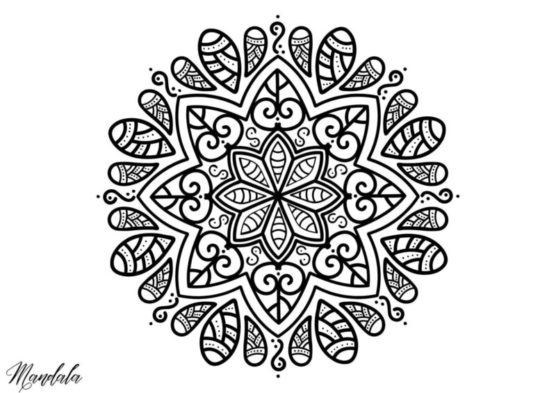 Mandala til farvelægning med store blomsterblade og mindre ornamenter