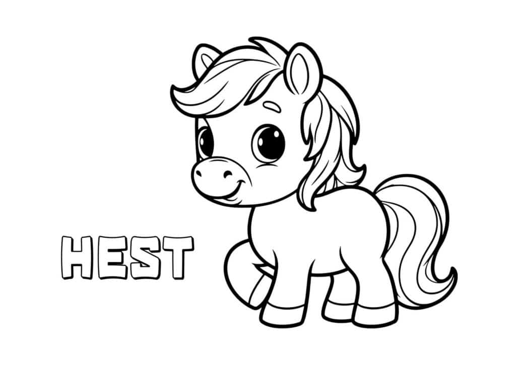 Billedet viser en nem tegning af en hest og ordet HEST i stavelse. Tegningen kan printes ud og farvelægges. Eget til små børn.