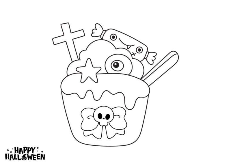 Halloween-cupcake med uhyggelige øjne, knogler og kors som pynt.