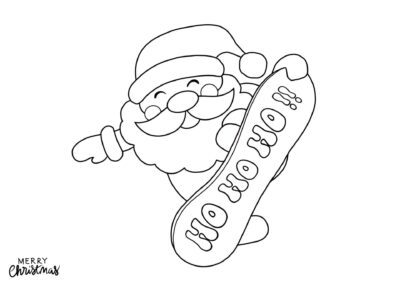 Tegning af julemanden, der holder et snowboard. Julemanden smiler med lukkede øjne, og hans snowboard har ordene "Ho Ho Ho!" med store, legende bogstaver. Udtrykket "Glædelig jul" er i nederste venstre hjørne.