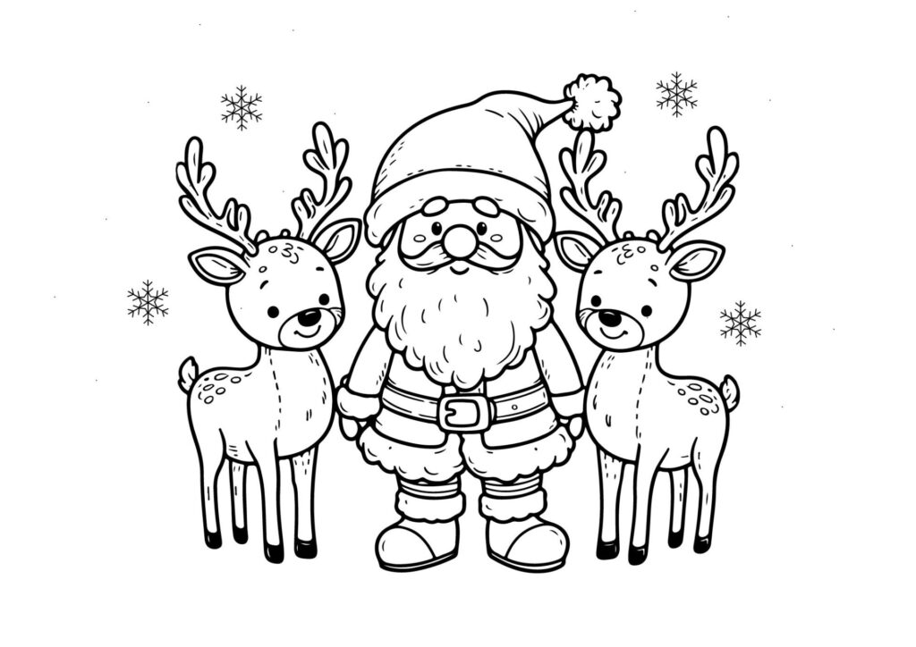 juletegning-43 Et malebogsbillede med julemanden stående mellem to rensdyr. Julemanden er klædt i sit traditionelle outfit med hat og støvler. Hvert rensdyr har gevirer, og snefnug er spredt i baggrunden.