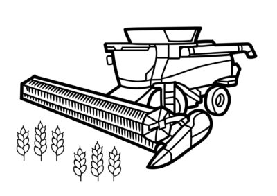 Illustration af en mejetærsker, en stor landbrugsmaskine, der bruges til at høste kornafgrøder. Maskinen har en stor frontskive med roterende knive og et transportbånd. Fire stilke af hvede er afbildet på venstre side af billedet.