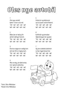 Sangtekst til børnesangen Oles nye autobil på et printark