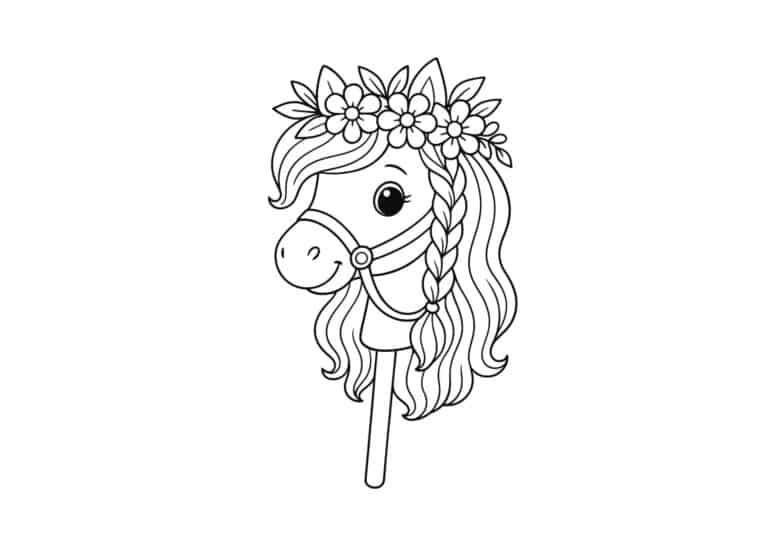 Kæphest med blomsterkrans i manken – tegning til farvelægning