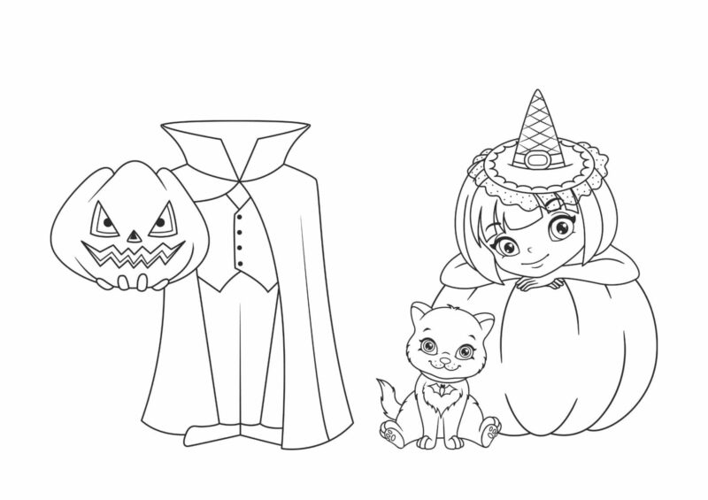 Halloween-tegning med græskarmand i kappe, lille heks og kat.