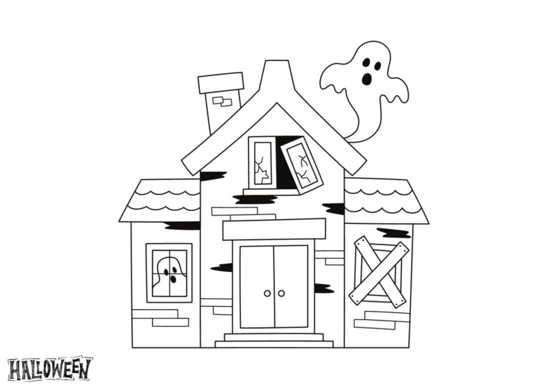 Tegninger til halloween. Uhyggeligt Halloween-hus med skæve vinduer, spøgelser og en mørk indgang.