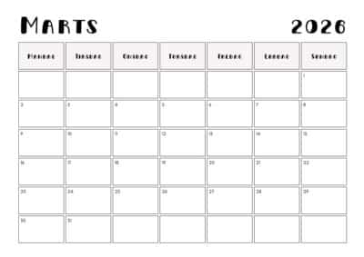kalender marts 2026 1