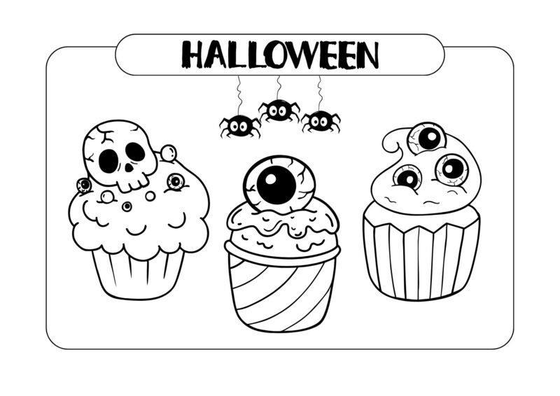 Halloween 21 Tre Halloween-cupcakes pyntet med kranium, øje og et sødt monster.