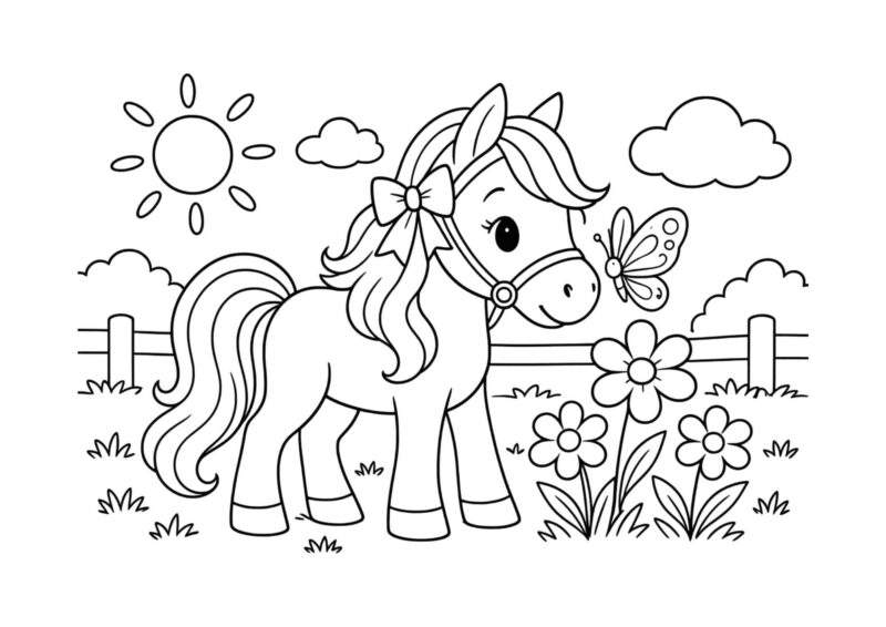 Sød hest med stor manke står blandt blomster og sommerfugle – hestetegning til print.