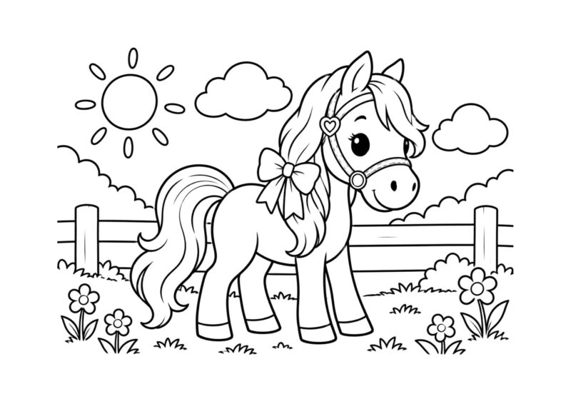Sød hest med lang man står på en blomstereng under solen – gratis tegning til print.